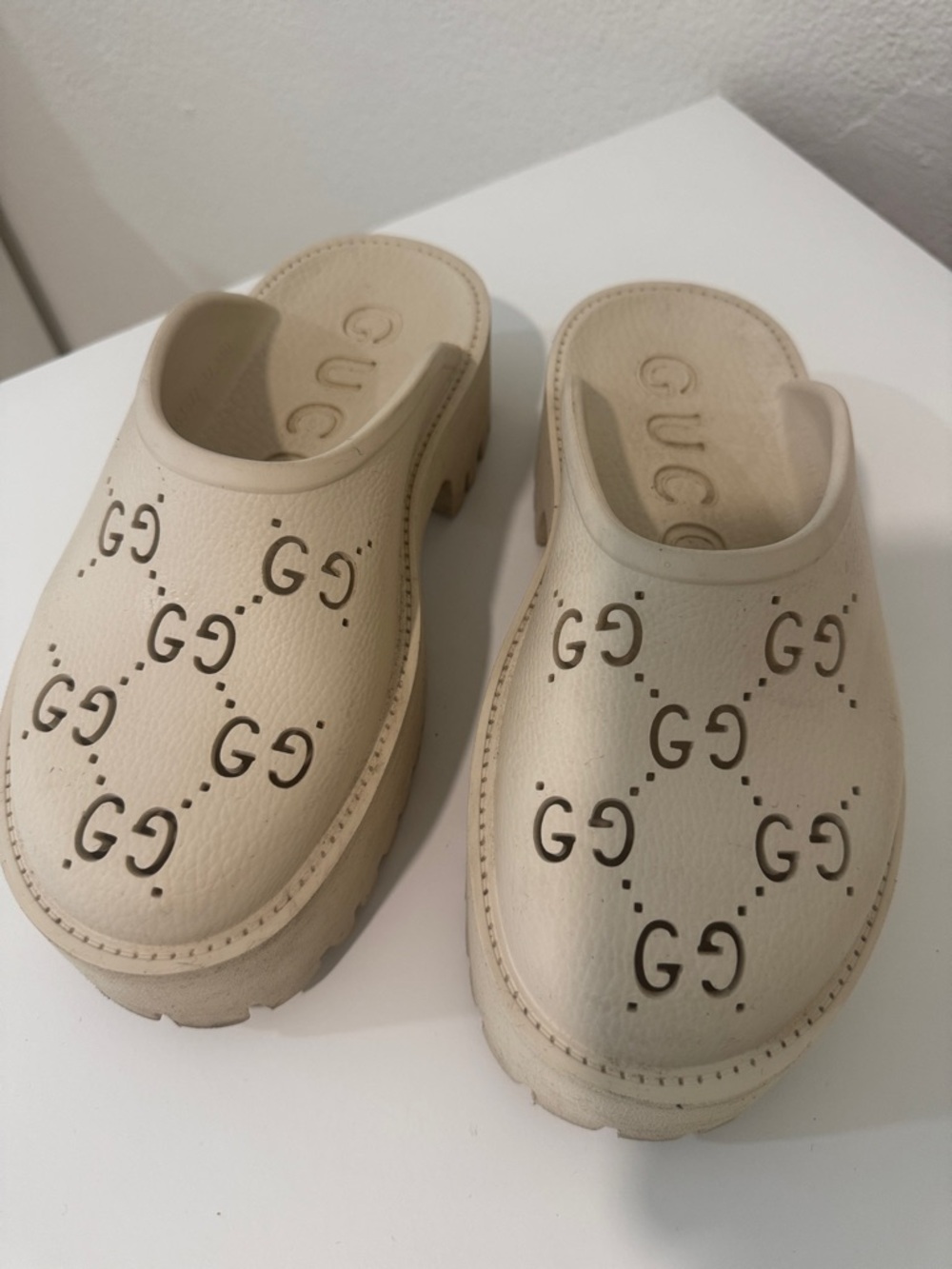 Gucci Beige Perforated GG Mule Clogs